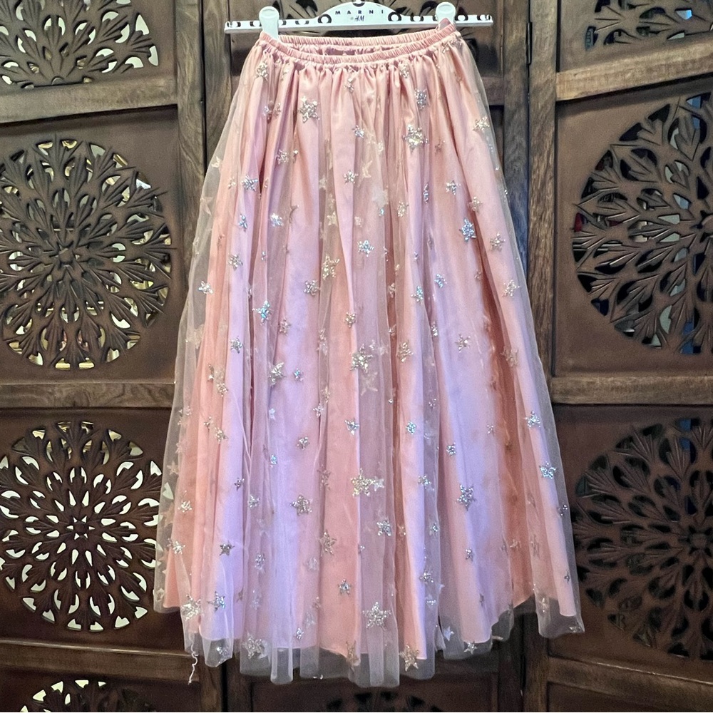 Lirika Matoshi Designer Blush Pink Silver Glitter Stars in Her Eyes Tulle Skirt